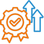 Icon of a quality badge with a checkmark and two upward arrows.