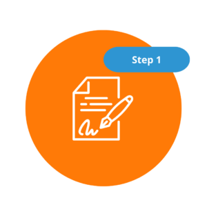 Icon of a document and pen with "Step 1" label on an orange circle background.