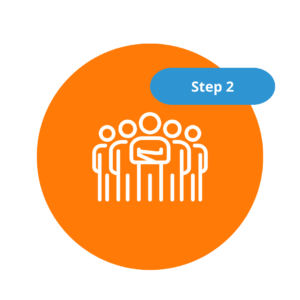 Icon of a group of people with one speaking, in an orange circle, labeled 'Step 2'.