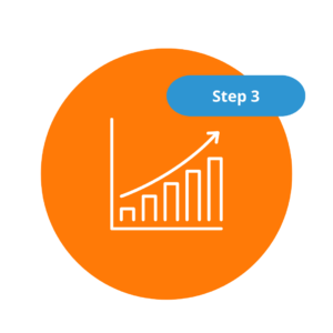 Icon of a rising bar graph inside an orange circle with a "Step 3" label above in a blue bubble.
