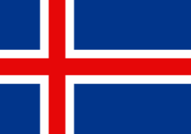 National flag of Iceland with a red cross outlined in white on a blue background.